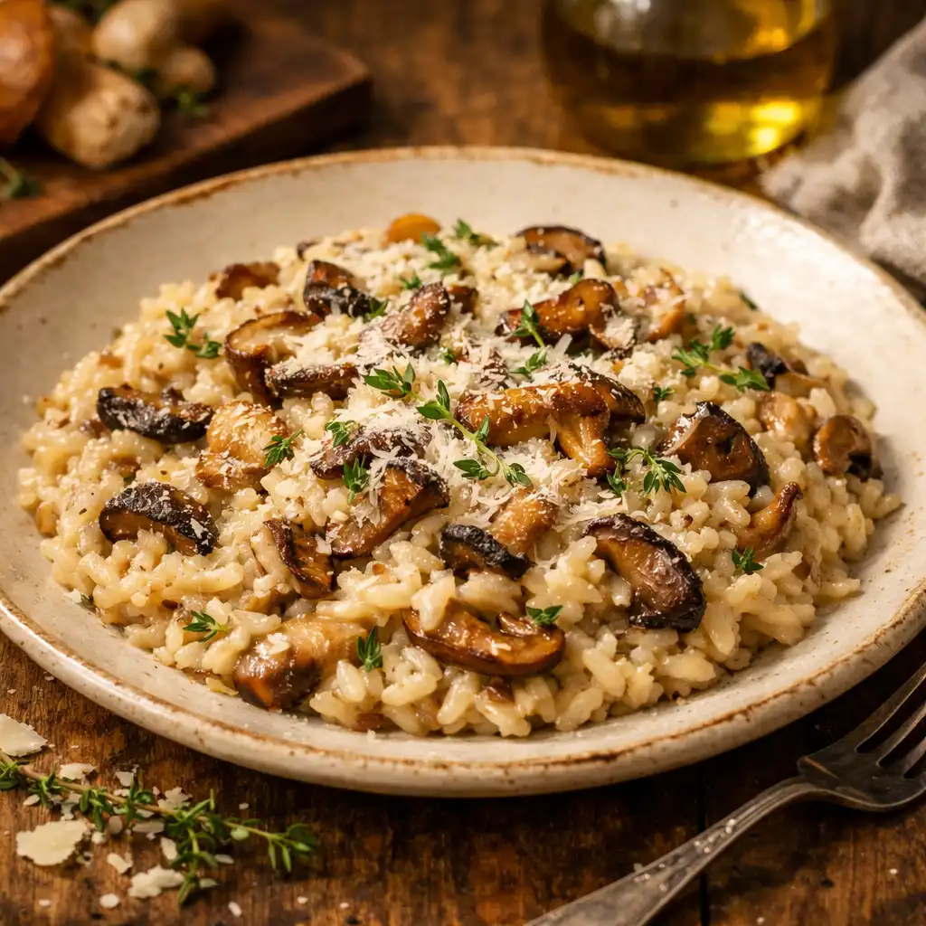 Risotto z grzybami leśnymi, posypane parmezanem