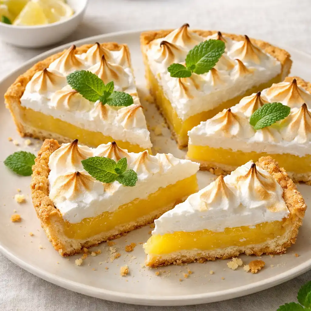 Tarta cytrynowa z bezą, udekorowana listkami mięty