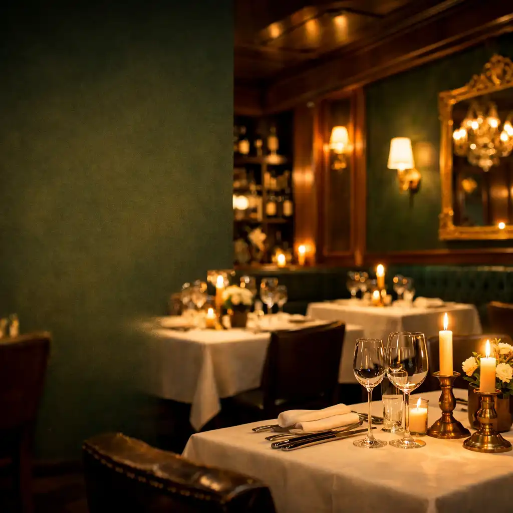 Eleganckie wnętrze restauracji Ogrodprzy Jaciol wieczorem, z ciepłym światłem świec i nakrytymi stolikami