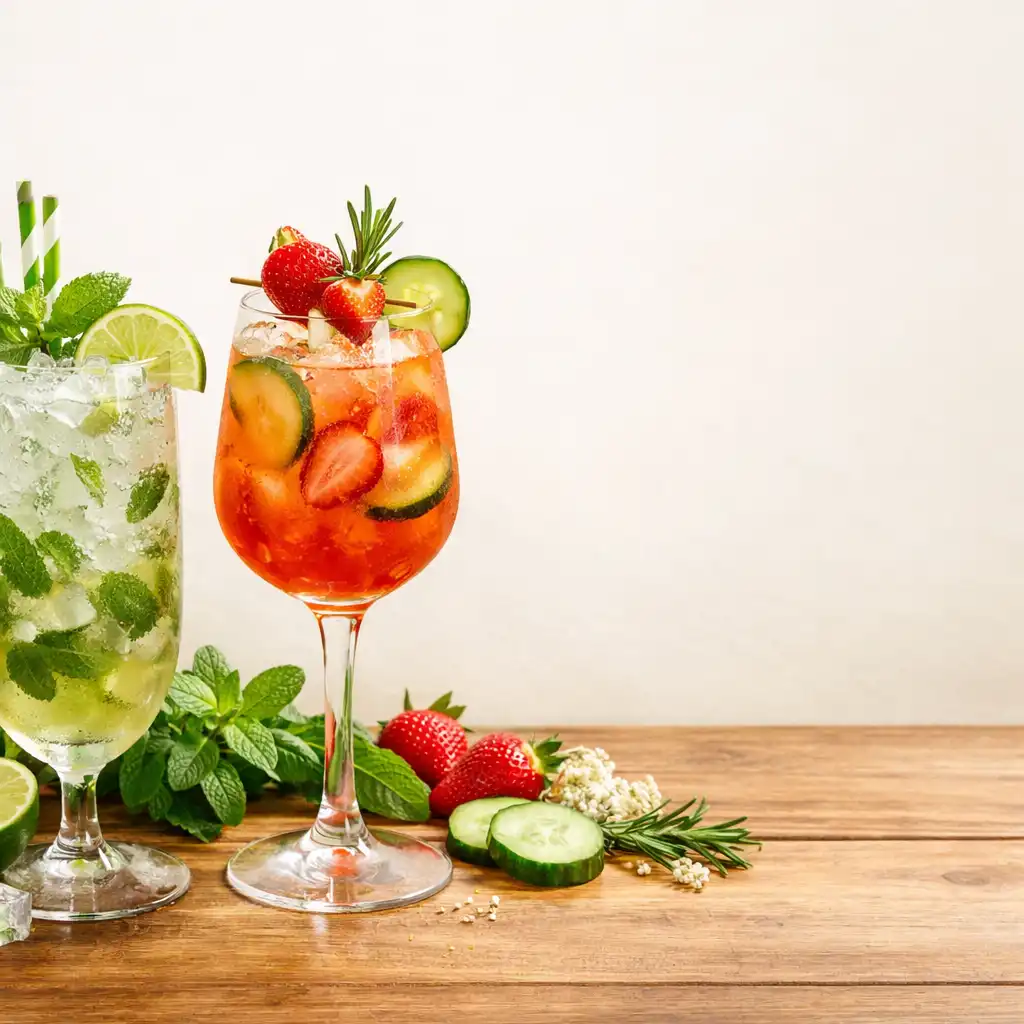 Dwa eleganckie kieliszki z kolorowymi mocktailami na drewnianym blacie