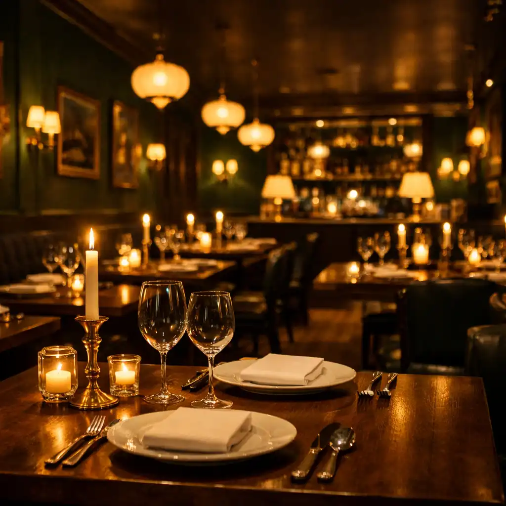 Eleganckie wnętrze restauracji Ogrodprzy Jaciol wieczorem, ciepłe światło, ciemnozielone ściany i drewniane stoły