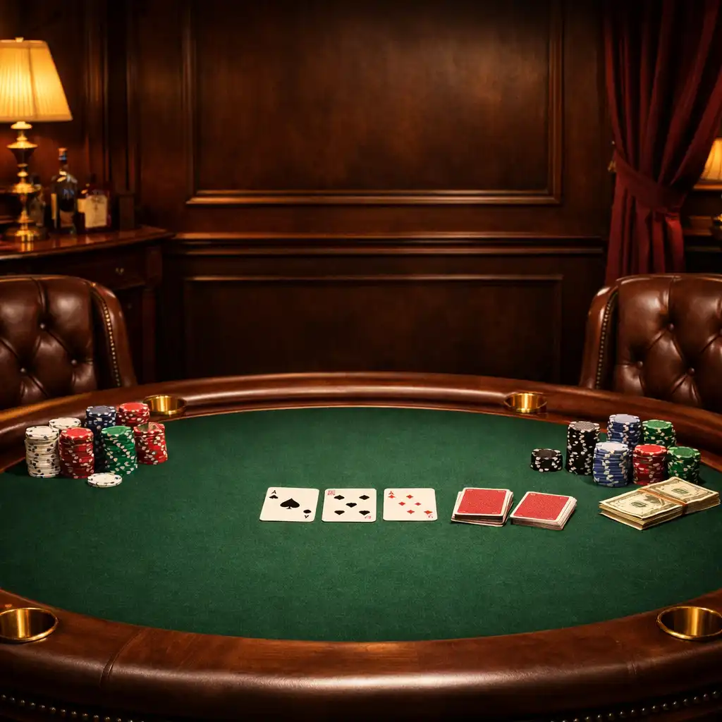 Elegancki stół pokerowy z zielonym suknem, żetonami i skórzanymi krzesłami w strefie pokera