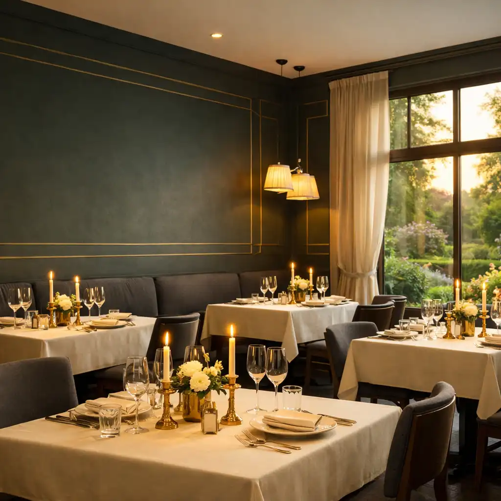 Elegancka jadalnia restauracji Ogrodprzy Jaciol w ciepłym świetle, stoły z naturalnego drewna nakryte kością słoniową, złote świeczniki i ciemnozielone ściany z delikatnymi złotymi liniami