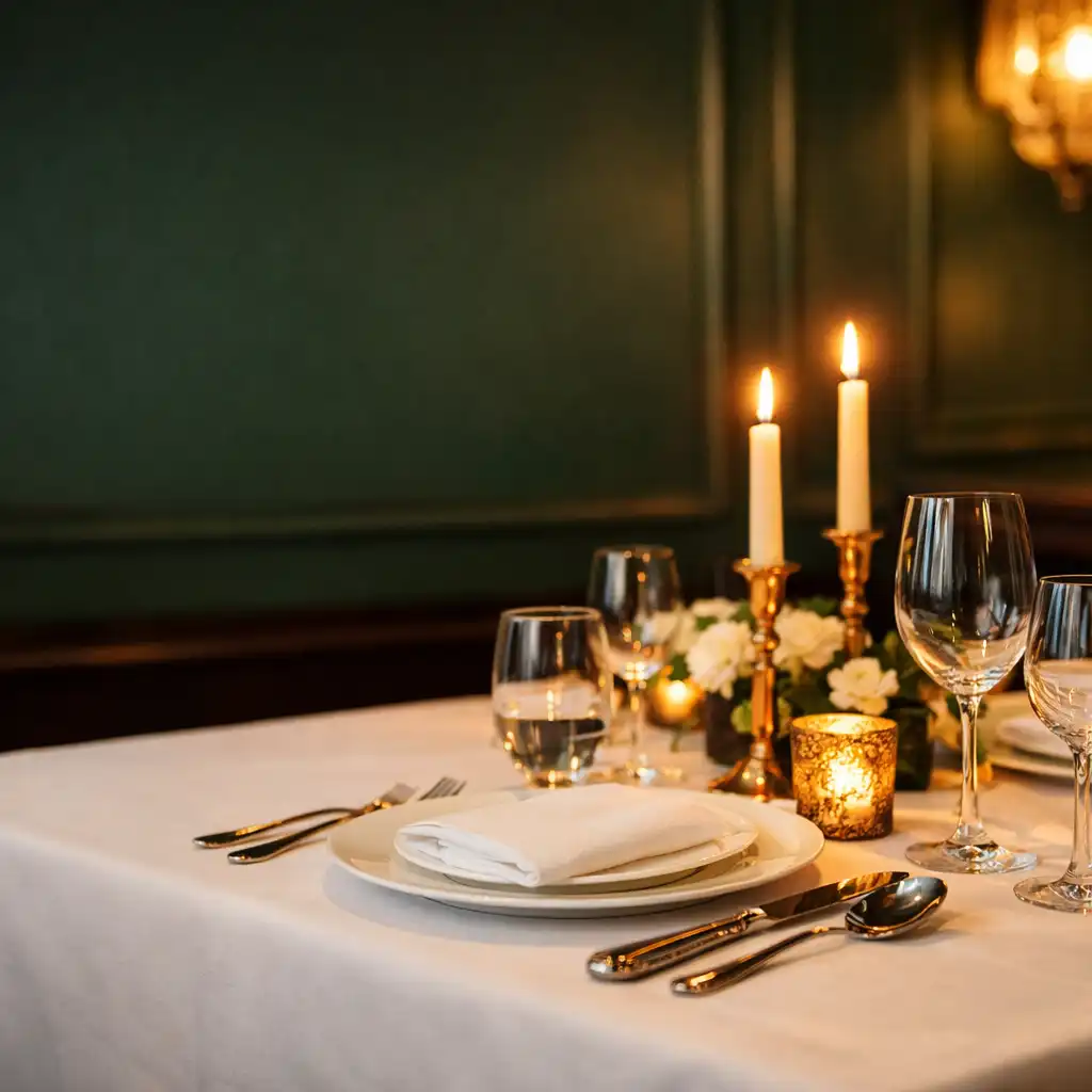 Elegancko nakryty stół w restauracji Ogrodprzy Jaciol z porcelaną, sztućcami i świecami